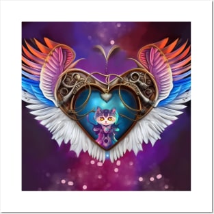 The elegant heart with wings and kitten Posters and Art